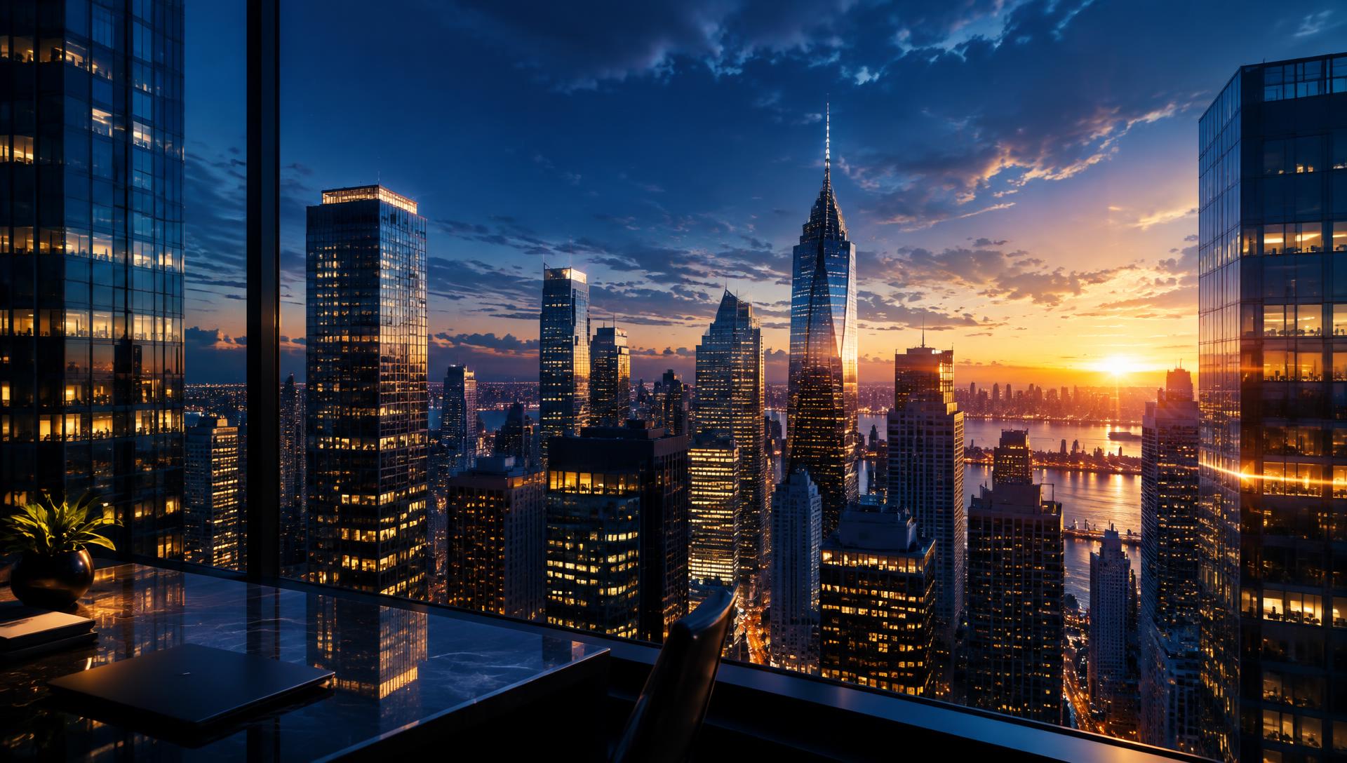 City skyline at dusk from a high-rise office